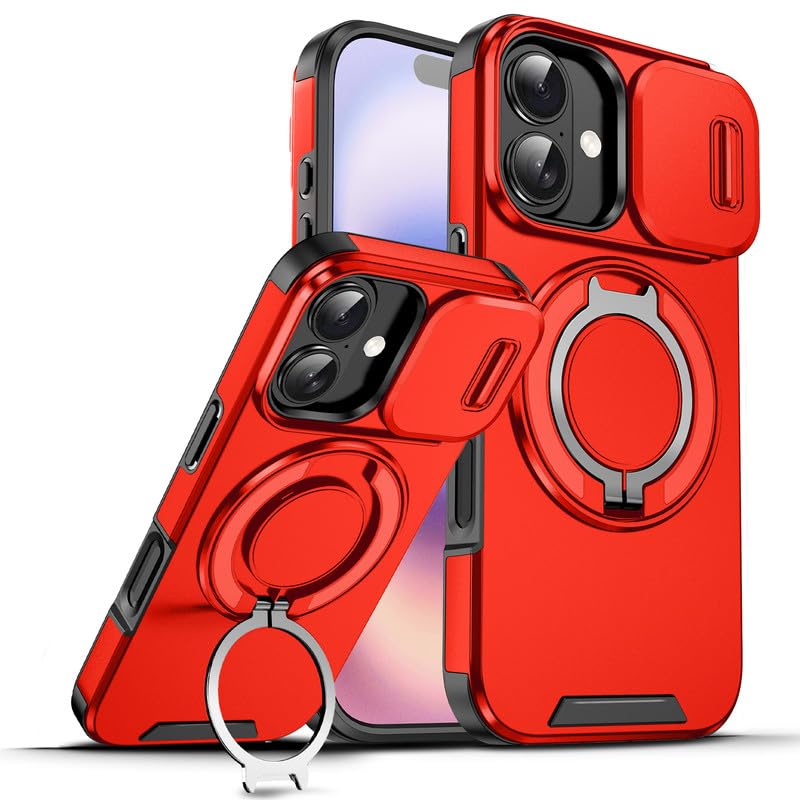 Image of LuxuryKase Shockproof Rugged Case for iPhone 17 | Slide Camera Cover | 360 Rotating Ring Kickstand | Military-Grade Protection - Cherry Red