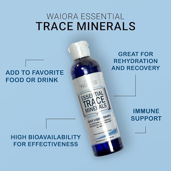 Waiora Essential Trace Minerals | Help Replenish Lost/Depleted Mineral | 60+ Ionic Trace Minerals | Support Bodys Vital Functions, pH Balance | Plus Electrolytes for Hydration (1 Bott / 48 serv)