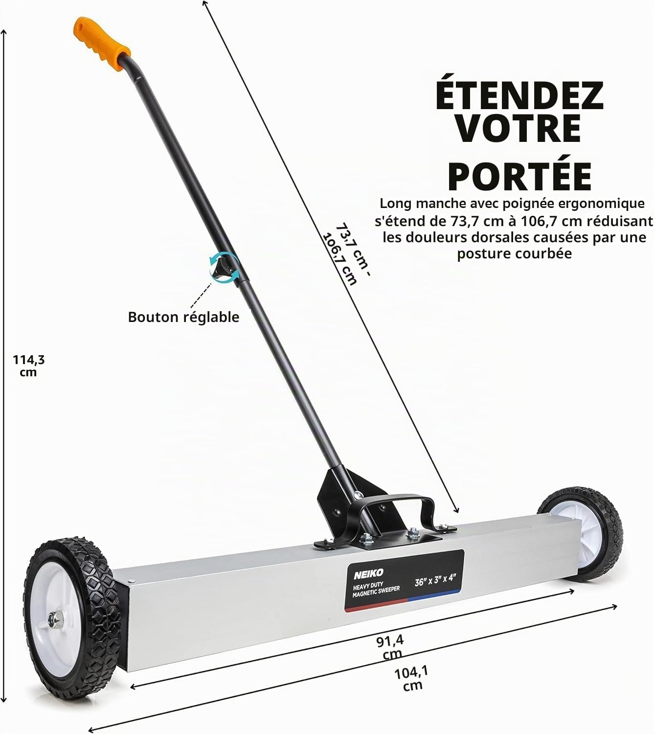 Neiko® Heavy Duty 61 cm Balai magnétique Pickup Outil en métal avec dégagement rapide Hauteur réglable, 53418A