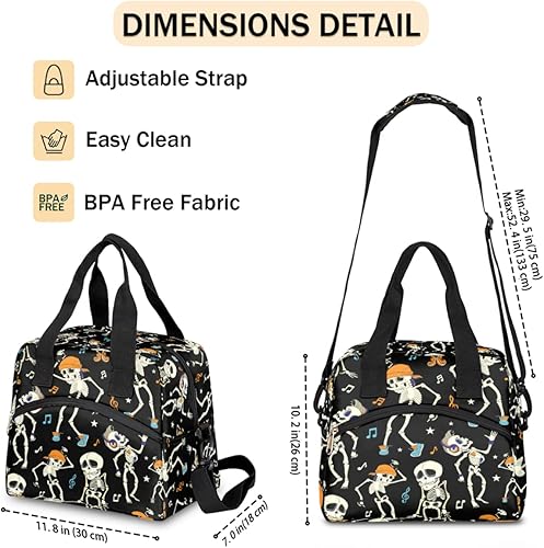 Miniatura 4 de Bolsas de almuerzo aisladas con diseño de esqueleto bailarín para mujeres y hombres, adultos, día de los muertos, bolsa térmica reutilizable con