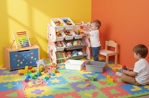 Miniatura 7 de Kids Toy Storage Organizer with 12 Bins and 2-Tier Bookshelf, Pink Polyethylene Storage Unit, 56.1x14.17x33.86 Inches, for Playroom, Bedroom,