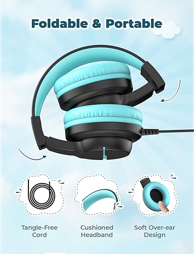 Vista 37 de iClever HS19S - Auriculares para niños, limitador de volumen seguro de 85dBA, auriculares estéreo para niños y niñas, auriculares plegables
