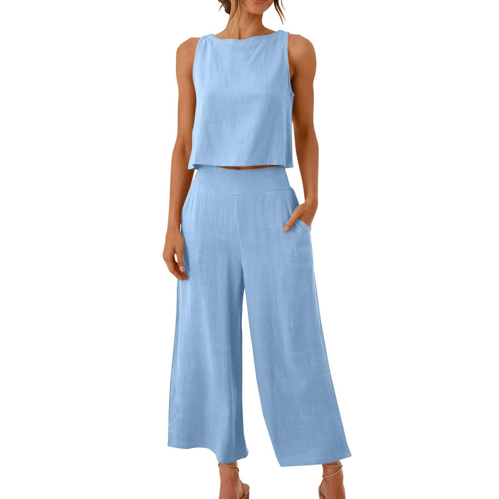 Generic Elegante traje de verano para mujer, camiseta de tirantes sin mangas y pantalones, chándal de algodón y lino, traje de ocio para mujer, conjunto de gimnasio con bolsillos, mono