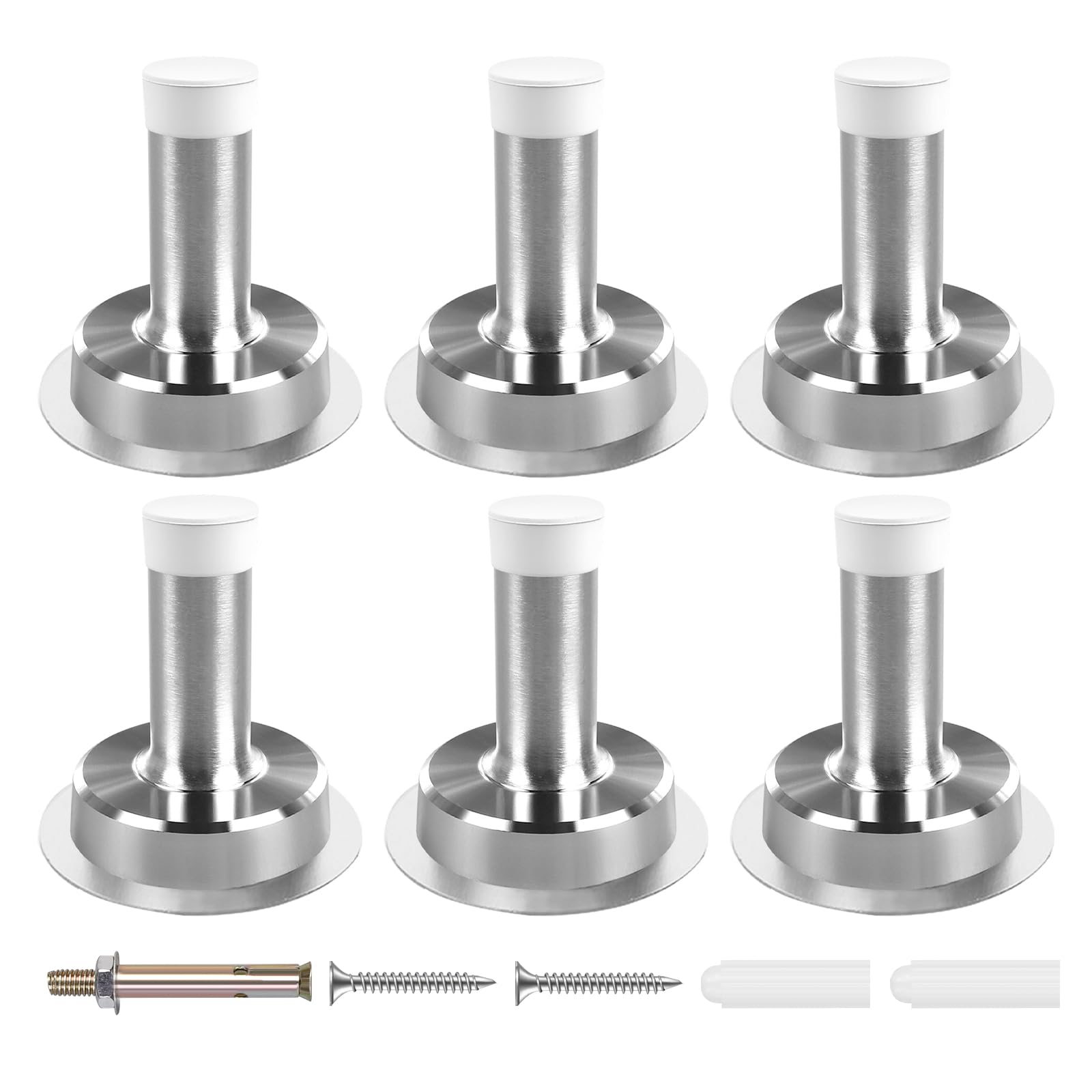 Northern Brothers Silver + White 5Cm Chrome Door Stoppers For Skirtings Self Adhesive Door Stops Indoors Stainless Steel Heavy Duty Doorstop With White Rubber Sound Dampening Door Bumper, 6 Pack