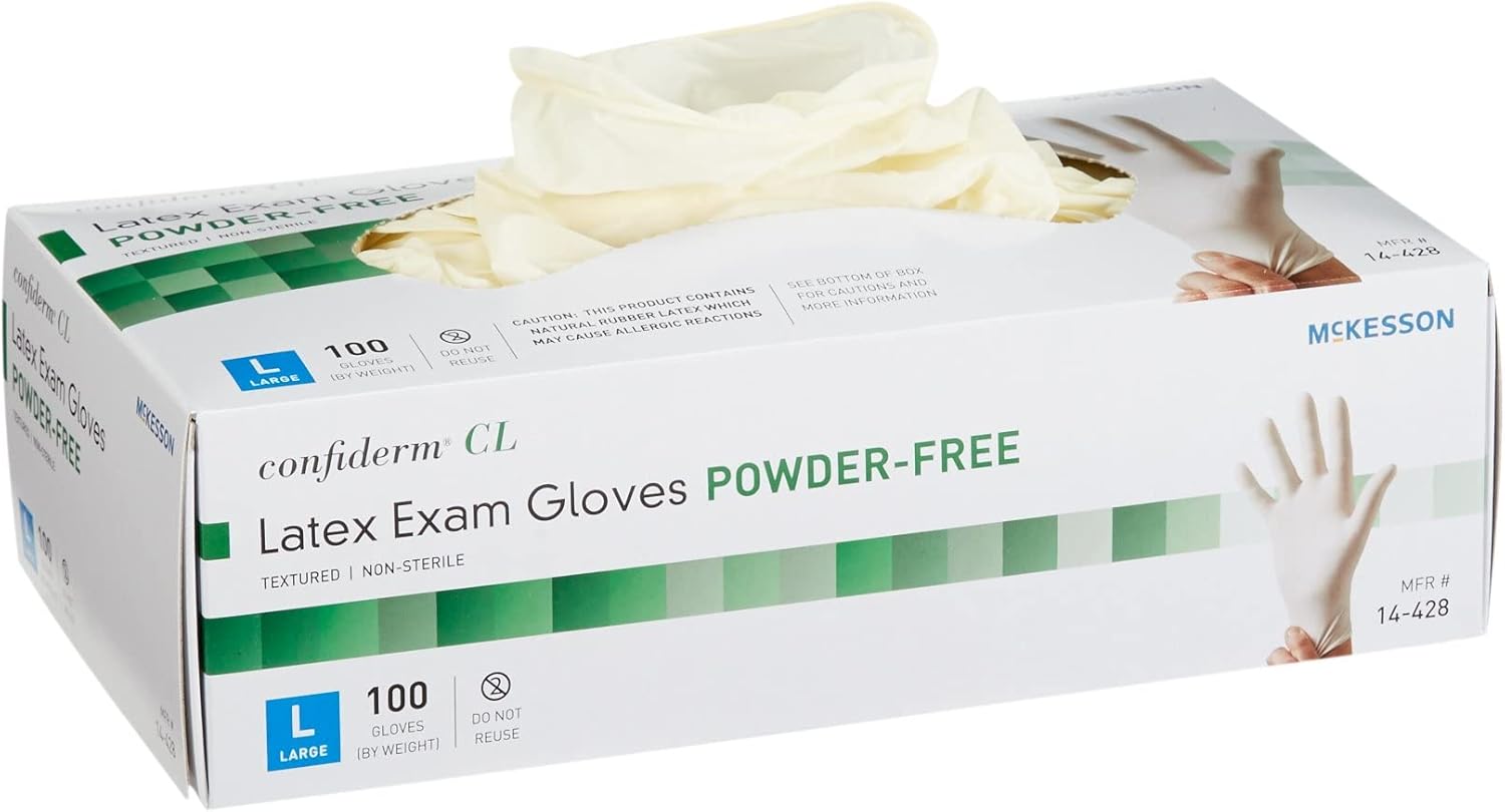 McKesson Confiderm Latex Exam Gloves, Non-Sterile Medical Gloves with Textured Fingertips - Beaded Cuff, Powder-Free - Ivory, Size Large, 100 Count, 10 Boxes, 1000 Total