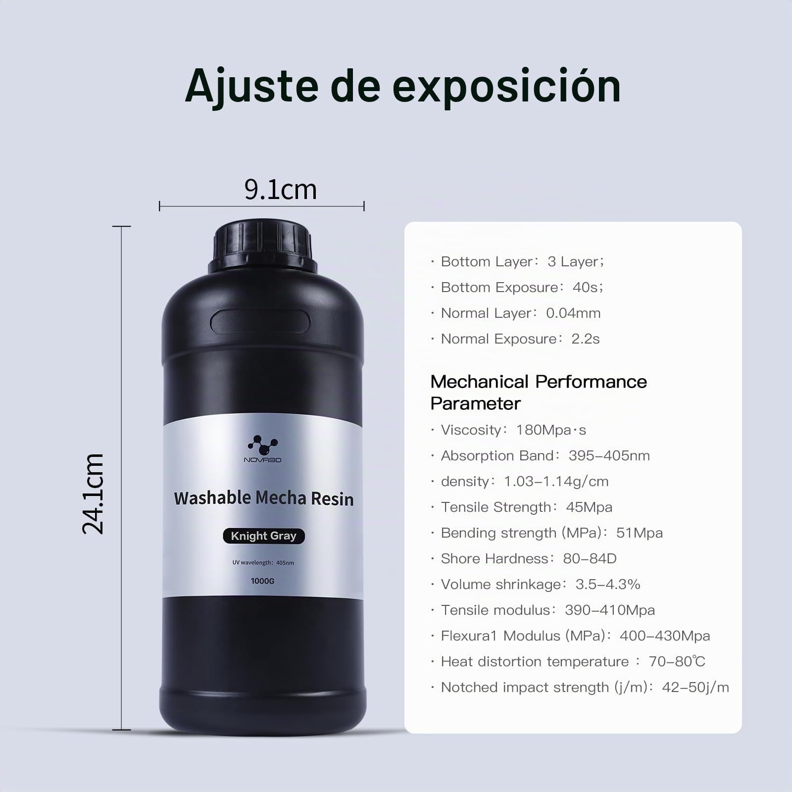 NOVA3D Resina líquida para impresora 3D lavable con agua con LCD de 405 nm de curado UV, bajo olor y alta durabilidad, resina de fotopolímero, gris caballero, 1000 ml
