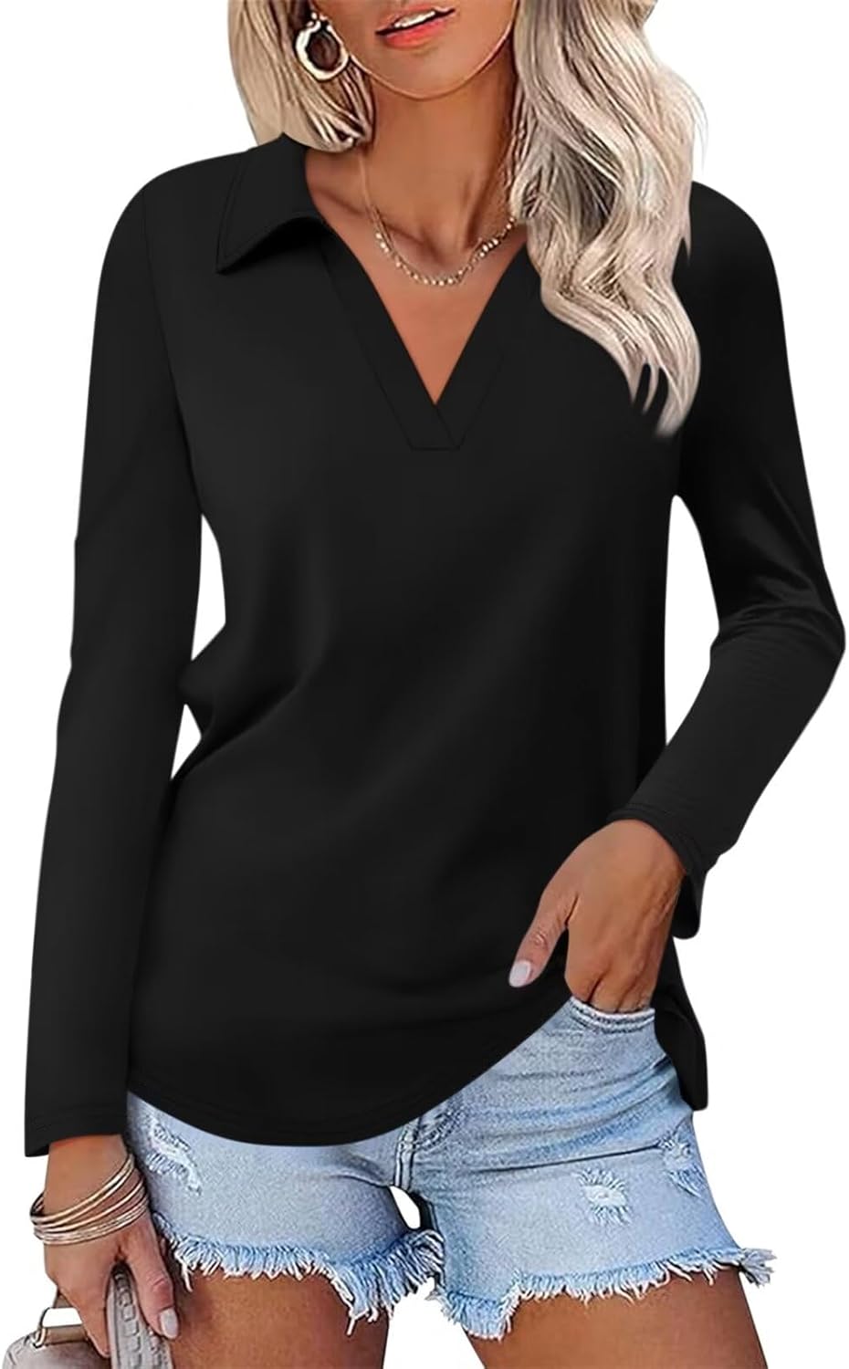 ORANDESIGNE Women's Long Sleeve Polo Shirts Casual Color Block V Neck Tops Fall Collar Ladies Tunics Tees