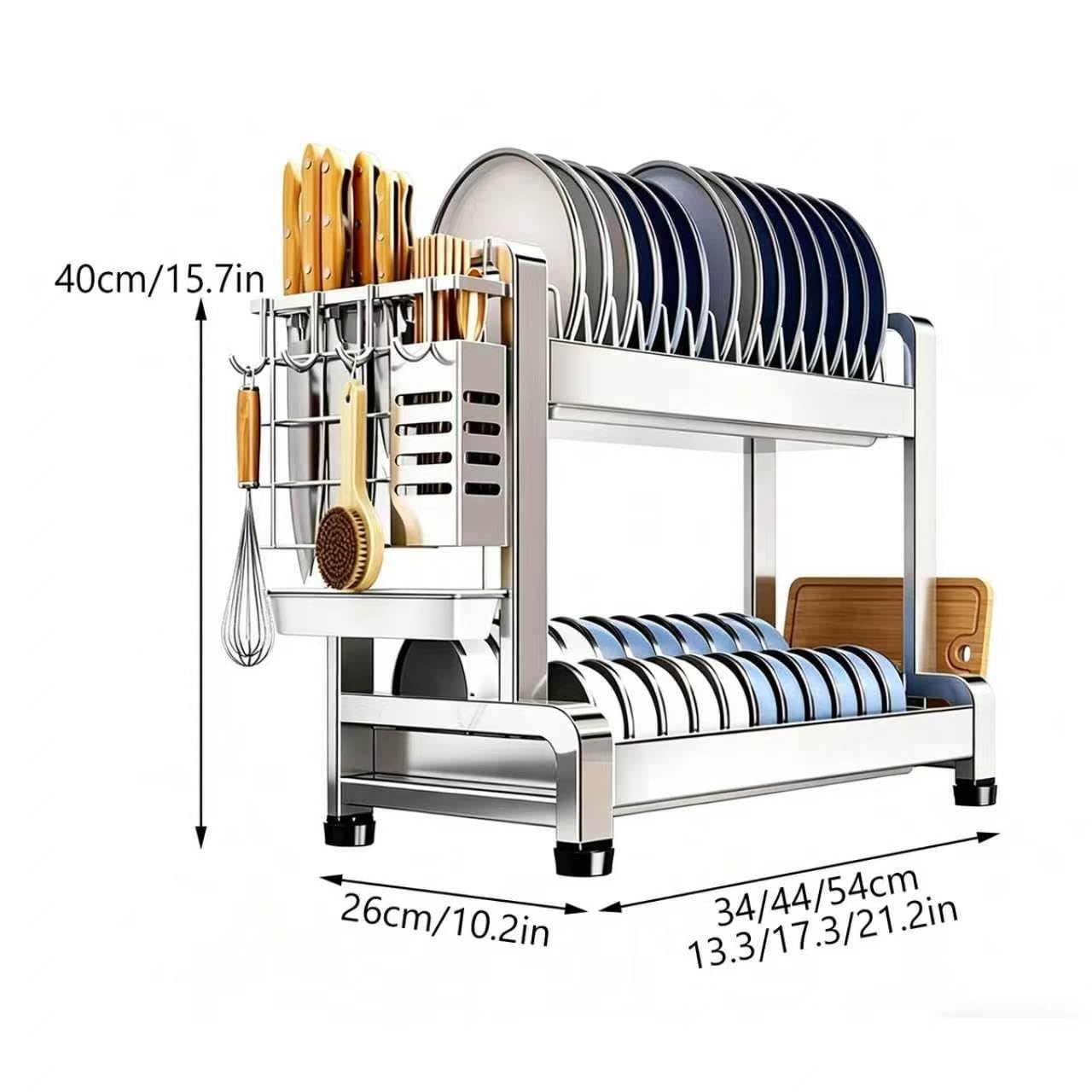 Escurridor de Platos Grande para Colocar sobre el Fregadero, de 2 Niveles, sin instalación, de Acero Inoxidable, Organizador de Cocina, Columna Gruesa, Estilo nórdico (17.3 x 10.2 x 23.2 Inches)