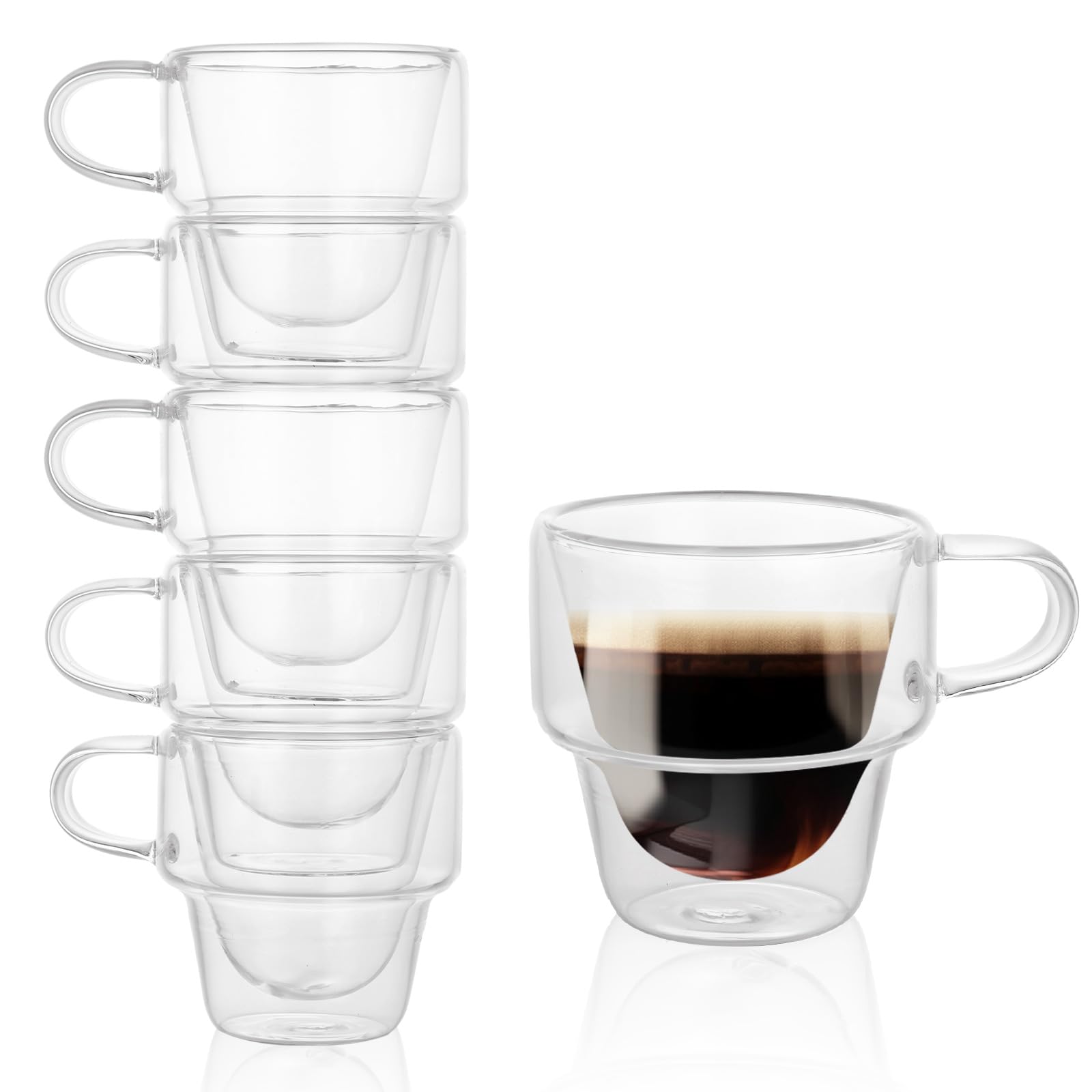 LOYORTY Double Wall Insulated Espresso Glass Cups, Stackable Clear Espresso Cups Set of 6, 4.4 oz Thermal Glass Shot Cup with Handle, Fit for Machine and Coffee Maker