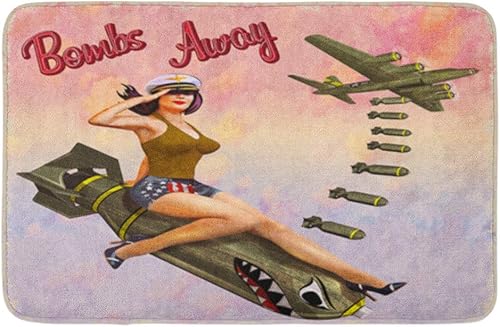 Bath Mat Retro Pin Up Girl Sitting on The Bomb Ngirl Vintage Poster Military War Bomber Army Cozy Bathroom Decor Bath Rug with Non Slip Backing 24"