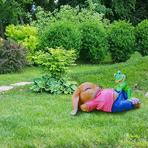 Syfunlv Deko Hasen für draußen,Groß Frosch Figur,25.5 x13x13.5cm Kaninchen mit Frosch Garten Statue Lustig Skulptur für Balkon, Am Teich, Grün Gartenfiguren ZubehöR Rasendekoration
