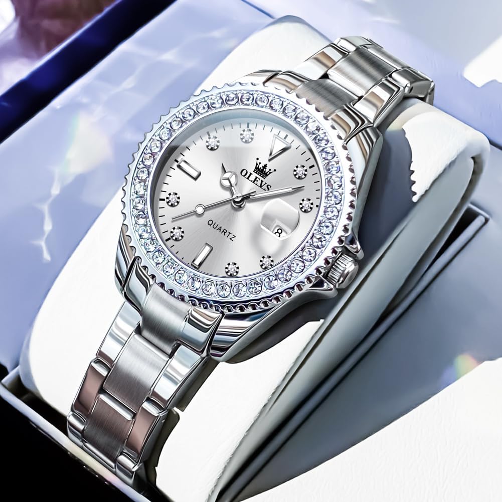 OLEVS Orologio da donna con diamanti al quarzo, analogico, in acciaio inox, due tonalità, impermeabile, luminoso, con data, orologio da polso da donna, regalo
