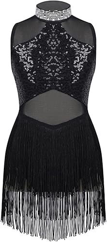 YiZYiF Vestido de baile latino con borlas de lentejuelas para niñas Jazz Tango Rumba Salsa Salón Traje de baile