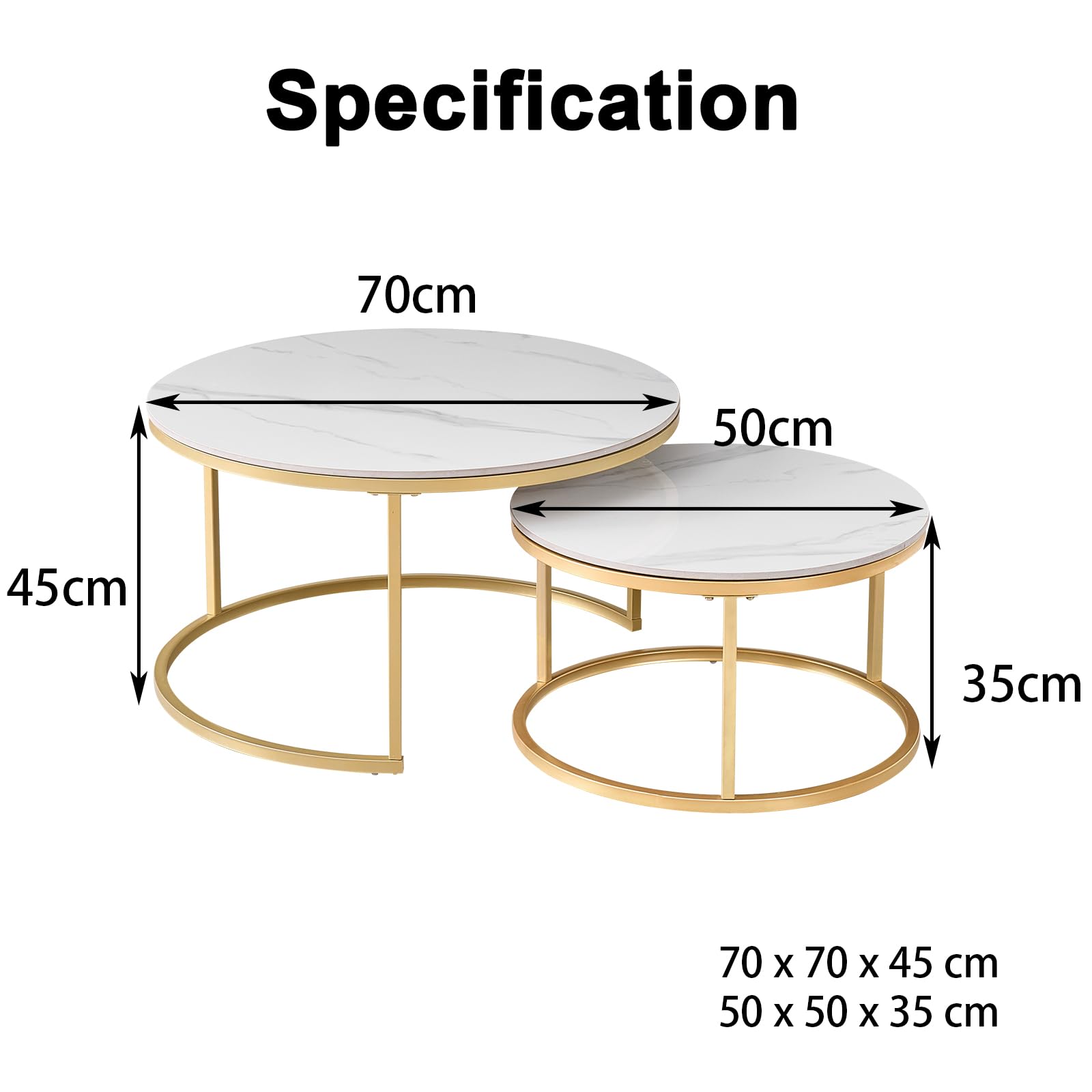 Juego de 2 Mesas de Centro Nido de Mármol con Tablero de Mármol Blanco y Estructura de Metal Dorado. Mesa Auxiliar Redonda Moderna para Salón - 70 x 70 x 45 cm