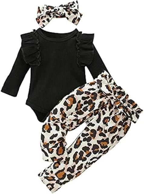3Pcs Bébé Fille Vêtements Maman bébé manches longues Romper bébé Léopard Outfits 0-18 mois