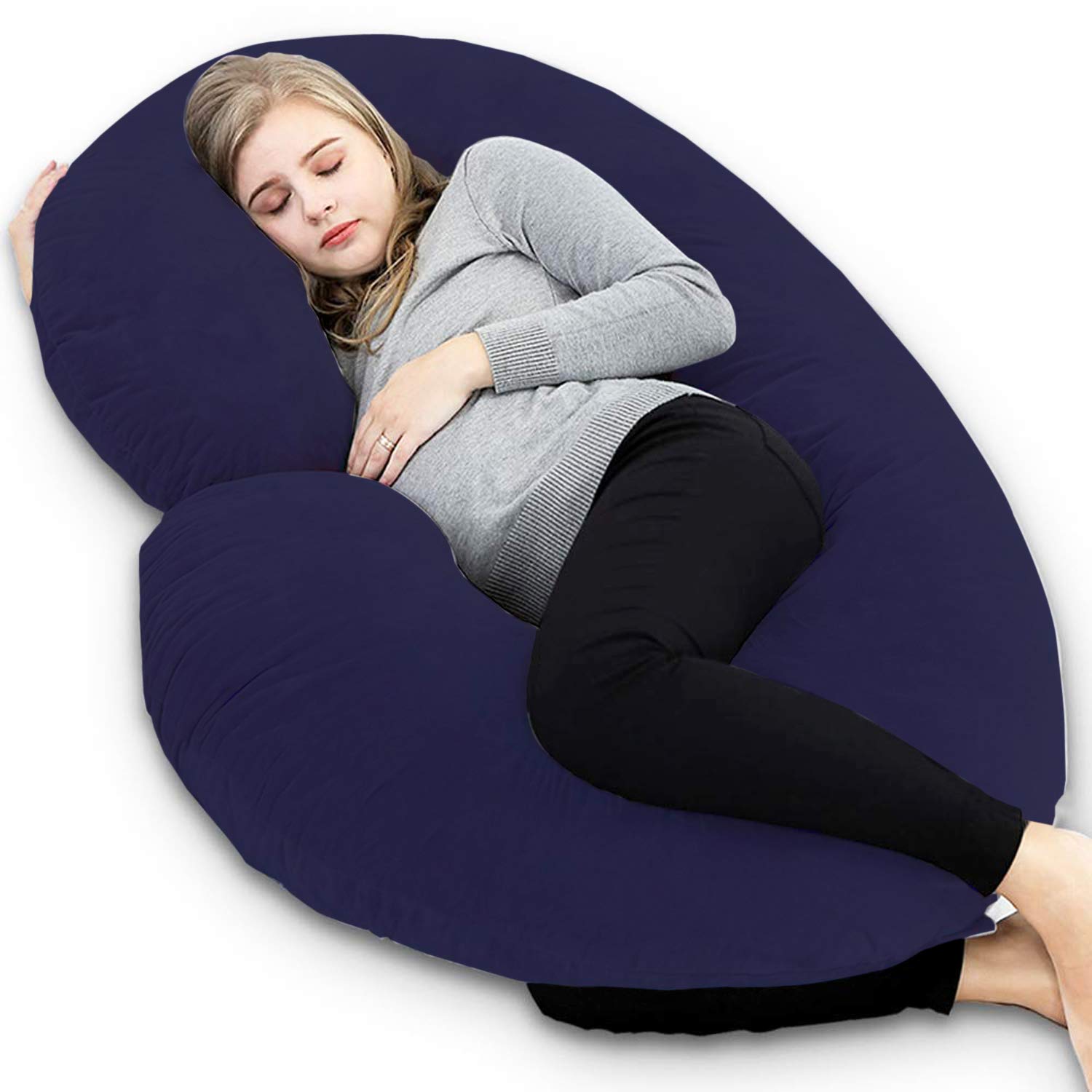 Fun HomesCotton Ultra Soft Hollow Fibre C Shaped Maternity Pillow,Pregnancy Pillow,Body Pillow with Zippered Cover (Navy Blue) (Fun0281)