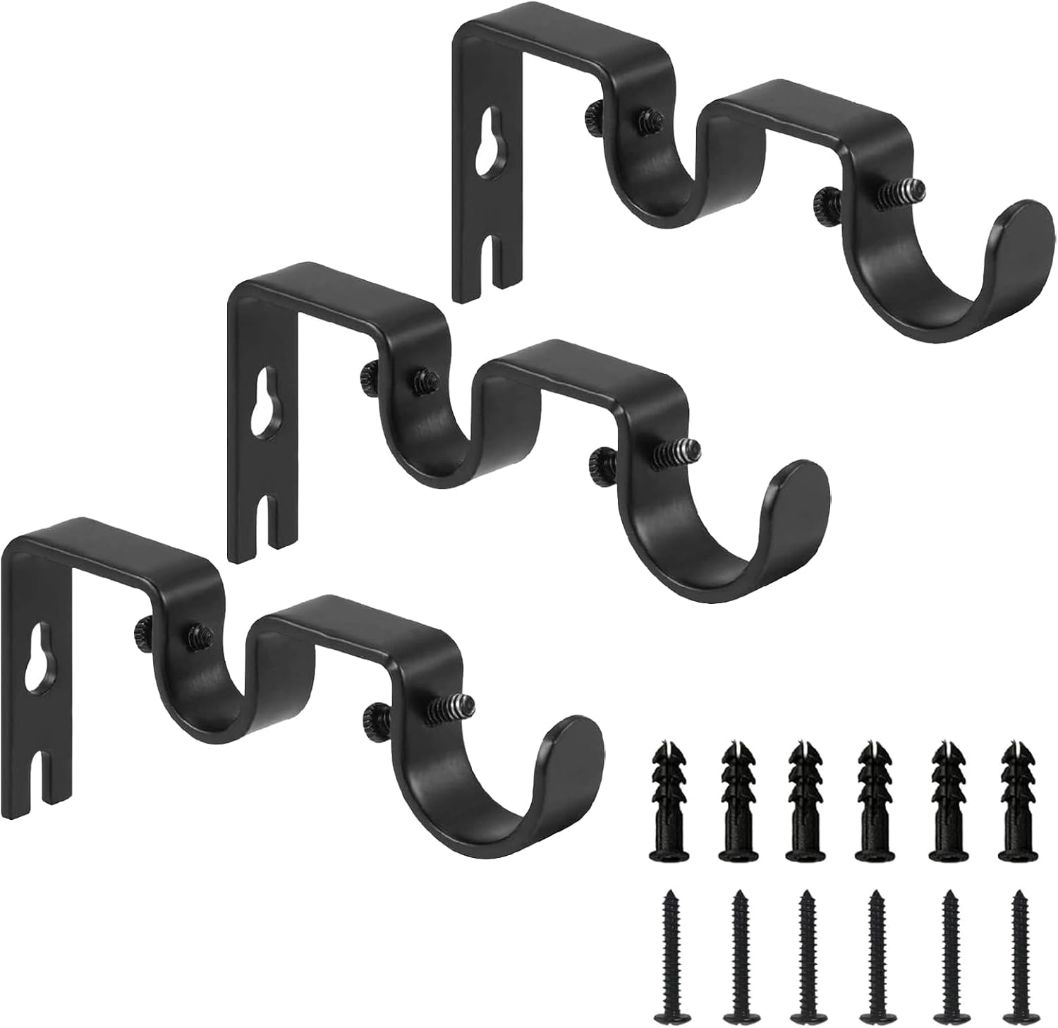 3PCS Double Curtain Rod Brackets,Fits up to 1 and 5/8 inch Rods, Double Fixed Rod Brackets for Wall,Black