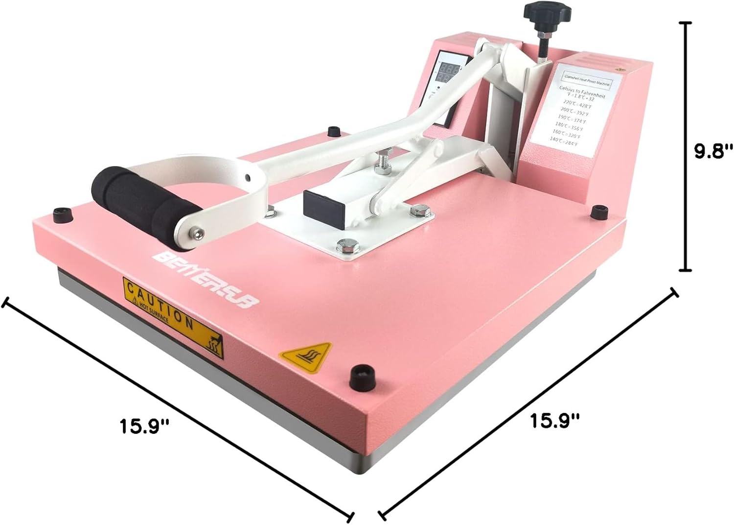 BetterSub Industrial 15"x15" Clamshell Heat Press Machine for T-Shirts, Sublimation, Vinyl & HTV - Digital Control, Non-Stick Teflon Plate, Safety Features for DIY/Home/Business (Pink)