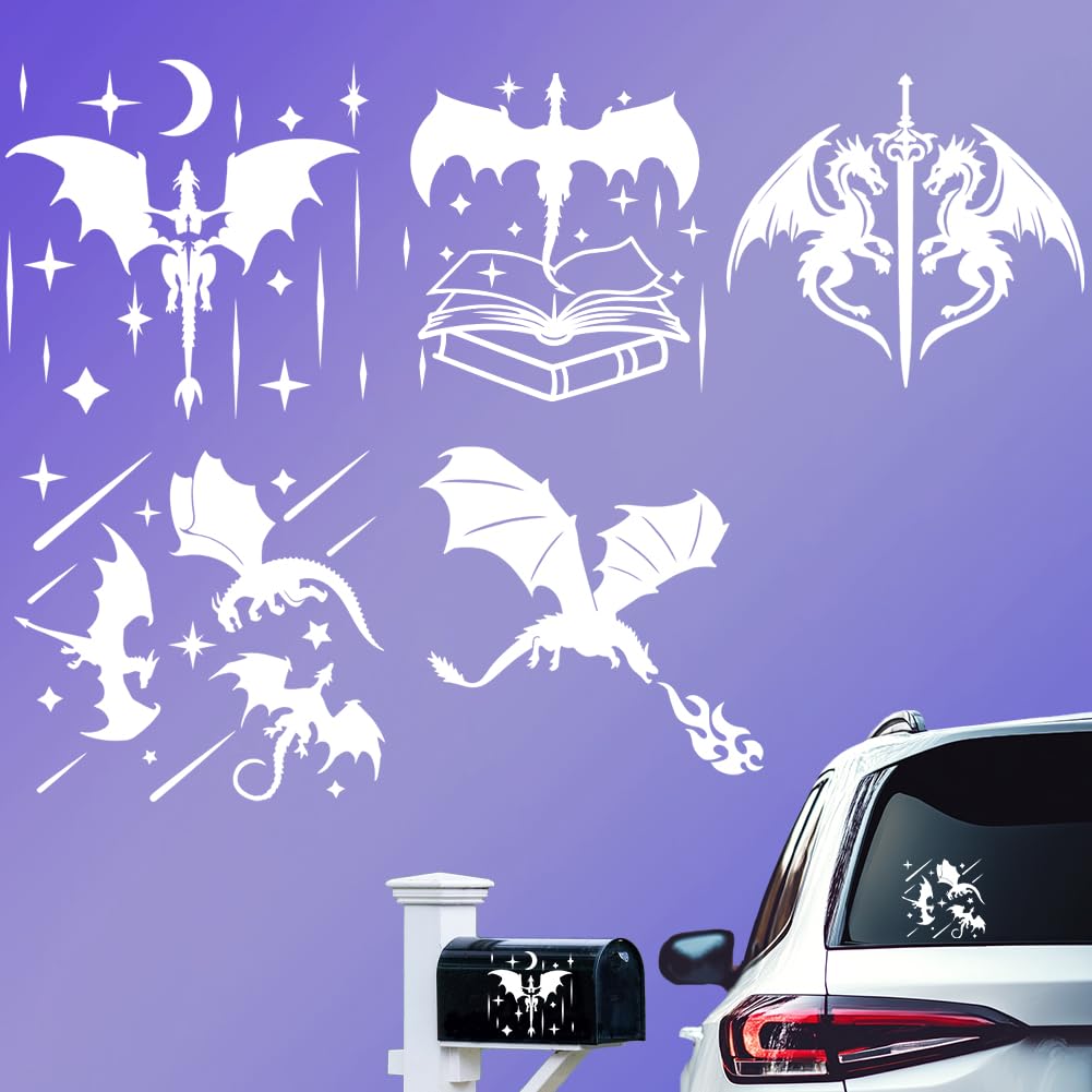 Hobbspring 5 Styles Flame Dragon Car Stickers Reflective Star Moon Decals Vivid Flying Dragon Sword Plastic Decoration Decals for Divination Auto Cars Truck Walls Laptop