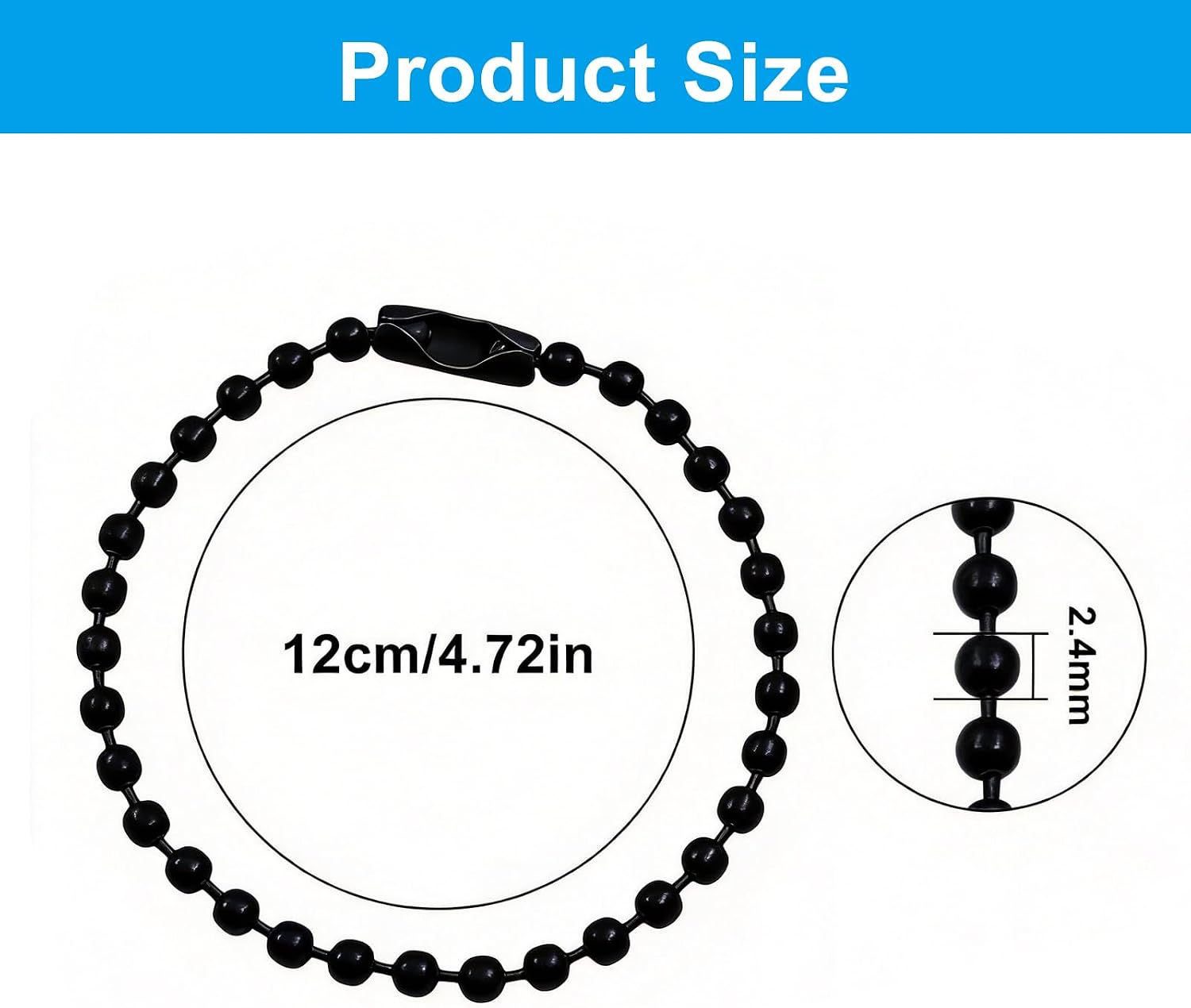 Ball Bead Chains, 4.72 Inch, Nickel Plated Metal, Black, 100Pcs