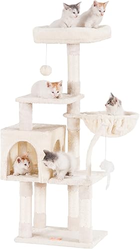 Heybly Cat Tree Cat Tower Condominio con postes rascadores cubiertos de sisal, lujosas perchas de felpa y cesta para gatito gris ahumado HCT003SG