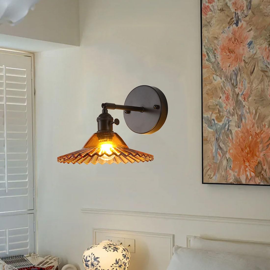 Applique da Parete Vintage, Lampada da Comodino Moderna con Paralume in Vetro, Stile retrò, Ideale per Camera da Letto, Soggiorno, Veranda, Ingresso e Sala da Pranzo (Ambra)
