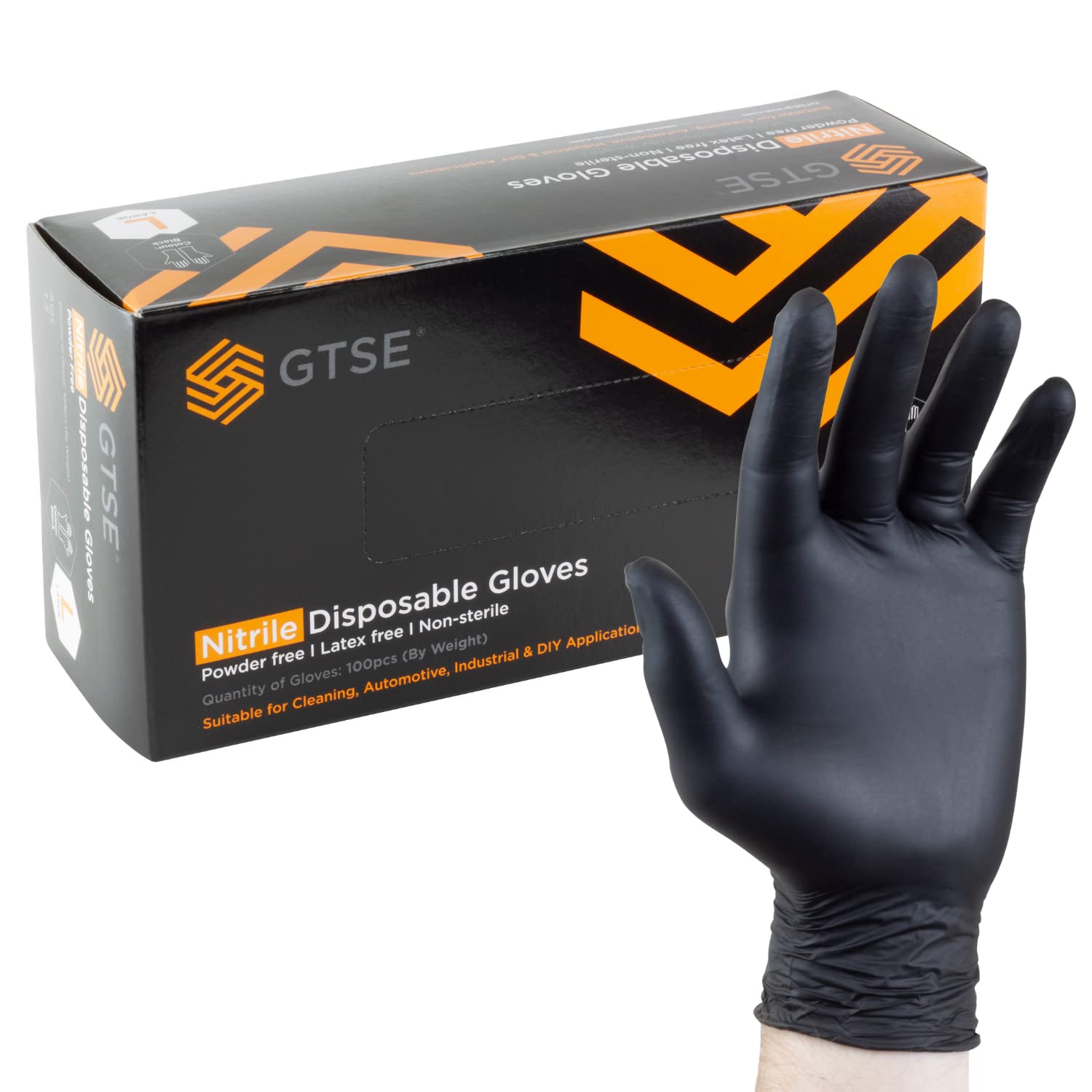 GTSE Black Nitrile Gloves, Heavy Duty, Latex & Powder Free Disposable Gloves, Box of 100, Size Large (L) Suitable for Cleaning and Mechanics