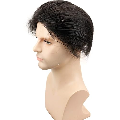 Miniatura 9 de Voloria Toupee para hombre 0.0 in piel ultra fina pu hombres postizo europeo virgen sistema de reemplazo de cabello humano piezas 10x8inch 1B color