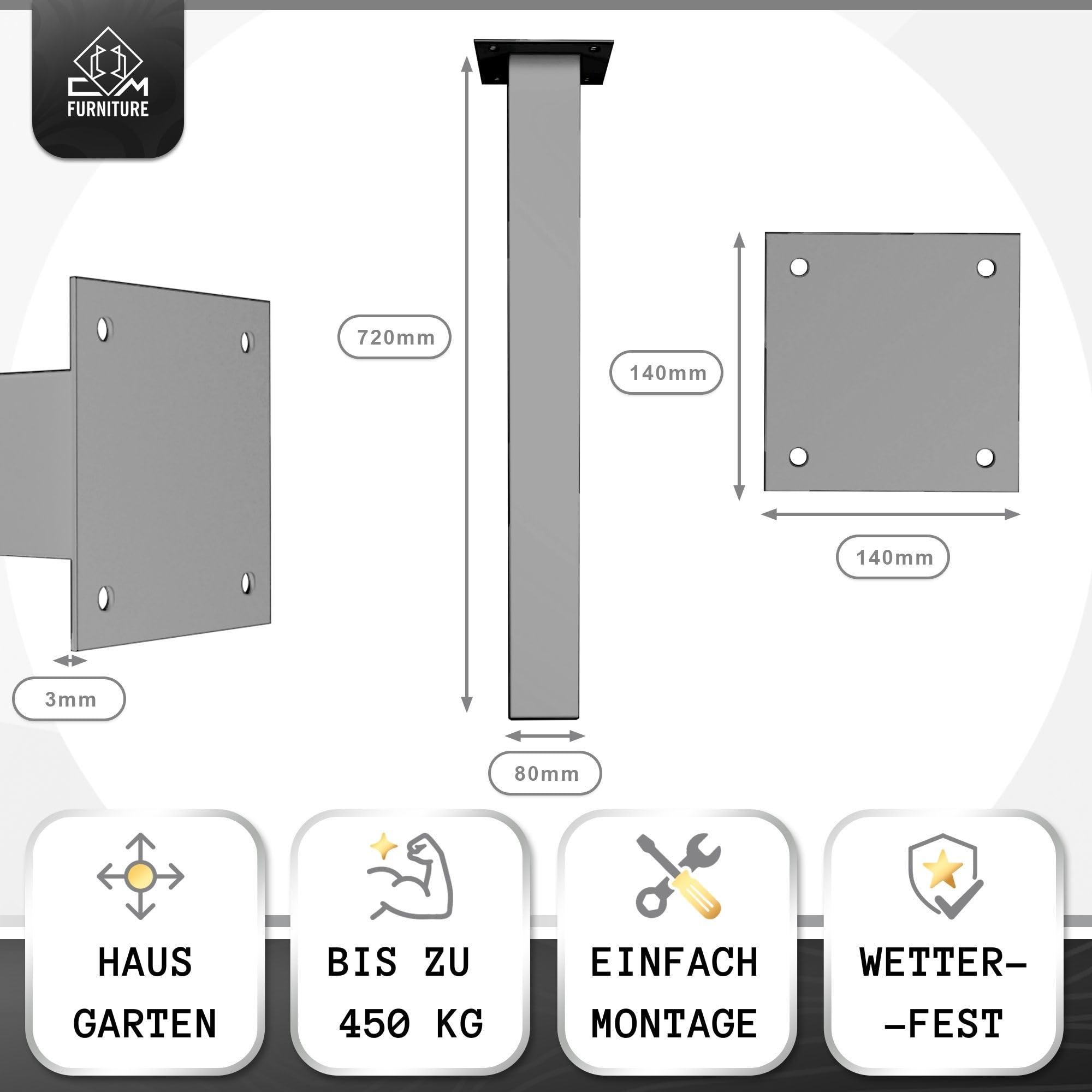 Tischbeine Eckig Premium 80x80 Schwarz 4er Möbelfüße Quadratrohr Metall Höhe 72 cm Esstisch Stützfuß Sehr Stabil Viereckig Tischgestell Tischfuß Tischkufen Vierkant Pulverbeschichtet