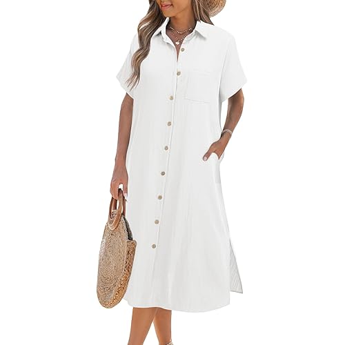 Zeagoo Women Dresses Summer Casual Short Sleeve Button Down Shirt Dresses 2025 Beach Cover Up with Pockets