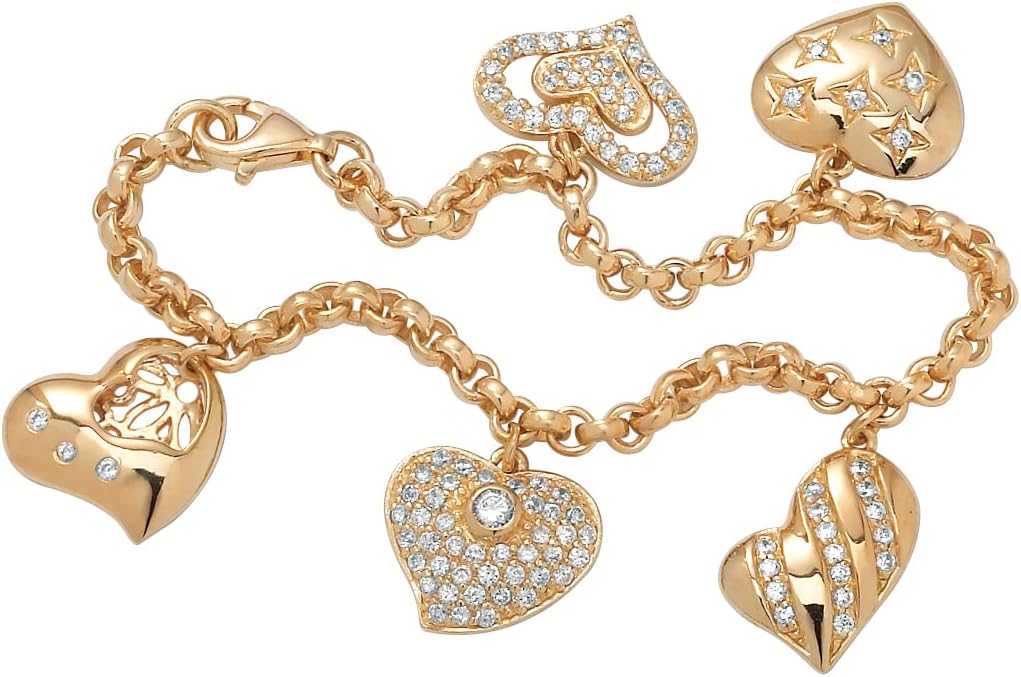 PalmBeach Goldtone Round Cubic Zirconia Heart Charm Bracelet (4mm), Lobster Claw Clasp, 7.5 inches