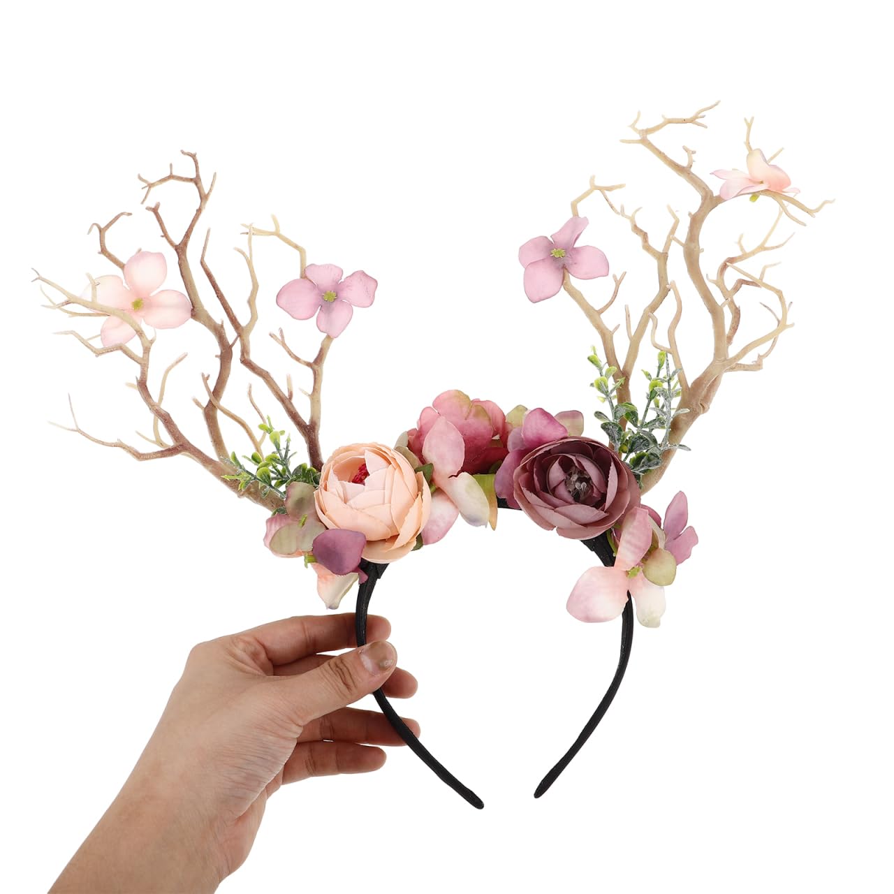 Serre-tête de renne de Noël avec bois et fleurs - Accessoire élégant pour les fêtes, séance photo et idée cadeau - Design branche marron clair