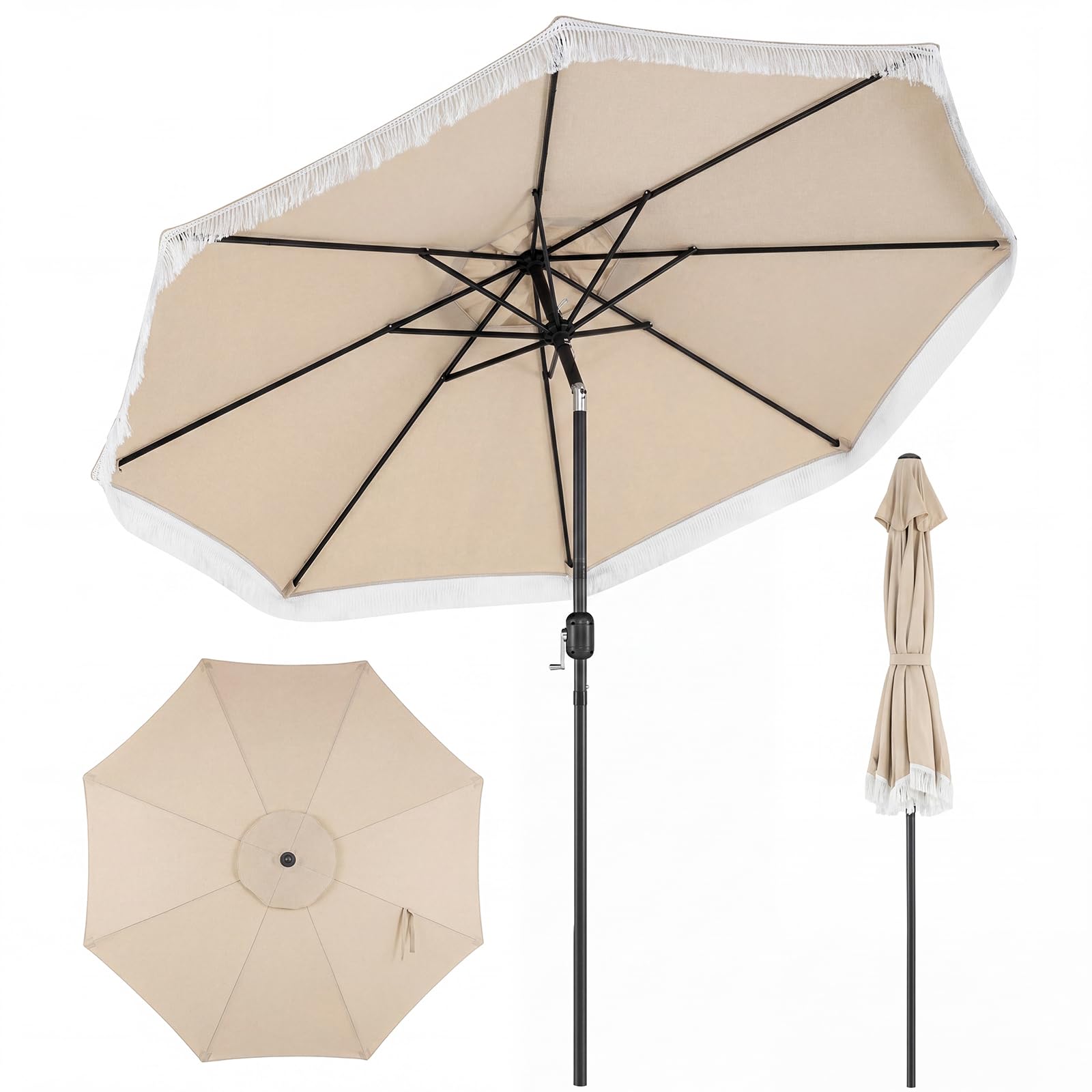 COSTWAY 270 cm Sombrilla Terraza Exterior, Parasol Reclinable de Jardín con Inclinación Bidireccional de 30°, 8 Varillas Metálicas, Manivela y Volantes/Flecos Decorativos para Patio