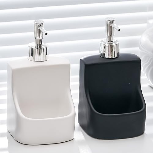 Miniatura 6 de Dispensador de jabón de cerámica con soporte para esponja, plato líquido recargable de 10 onzas o botella de bomba de jabón de manos para fregadero