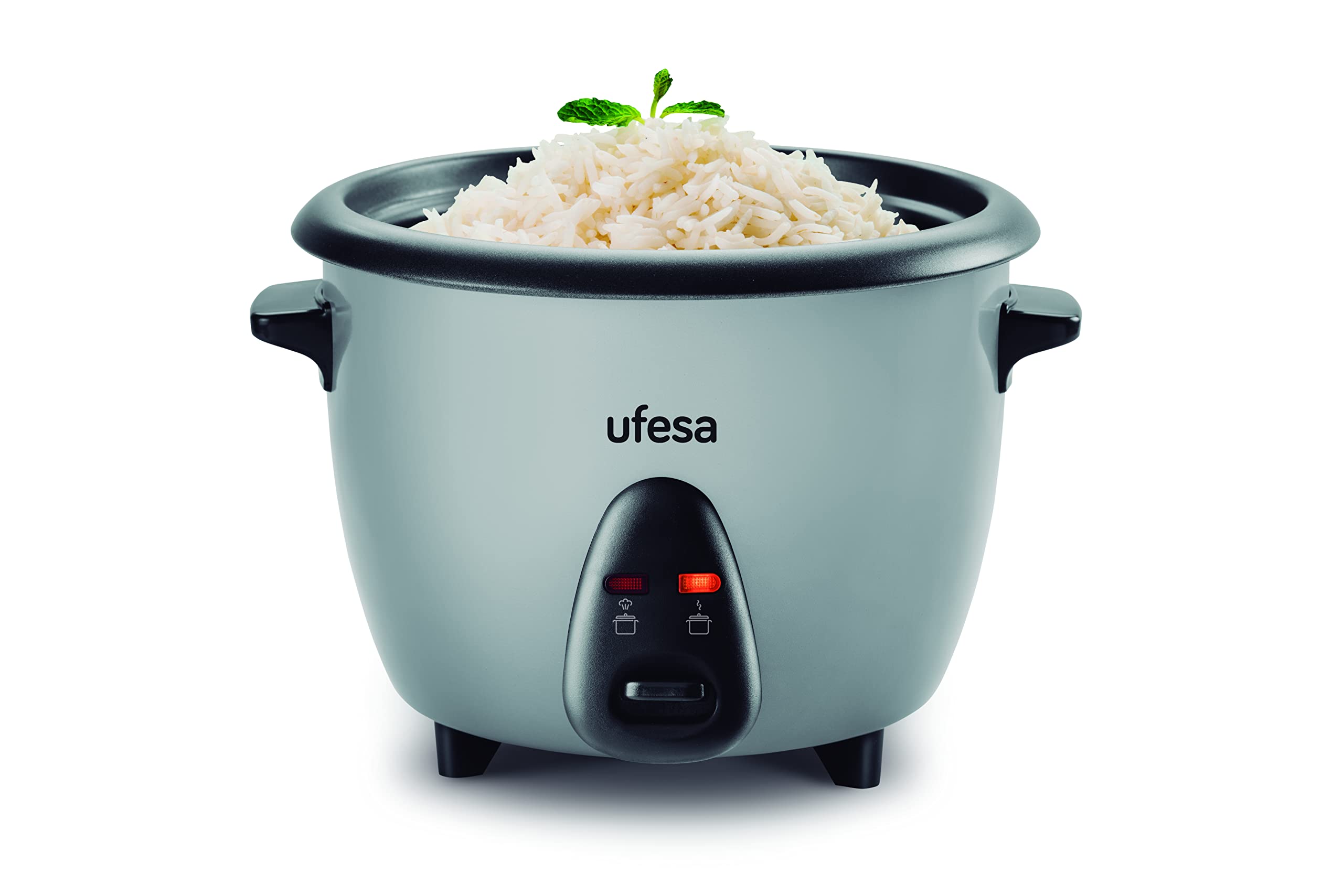 Ufesa AR4010 Jasmin Arrocera, 1L, 400W, Tapa de Cristal, Cubeta Antiadherente Extraíble, Vaso Medidor y Cuchara Incluidas, Función Mantener Caliente, Color Acero