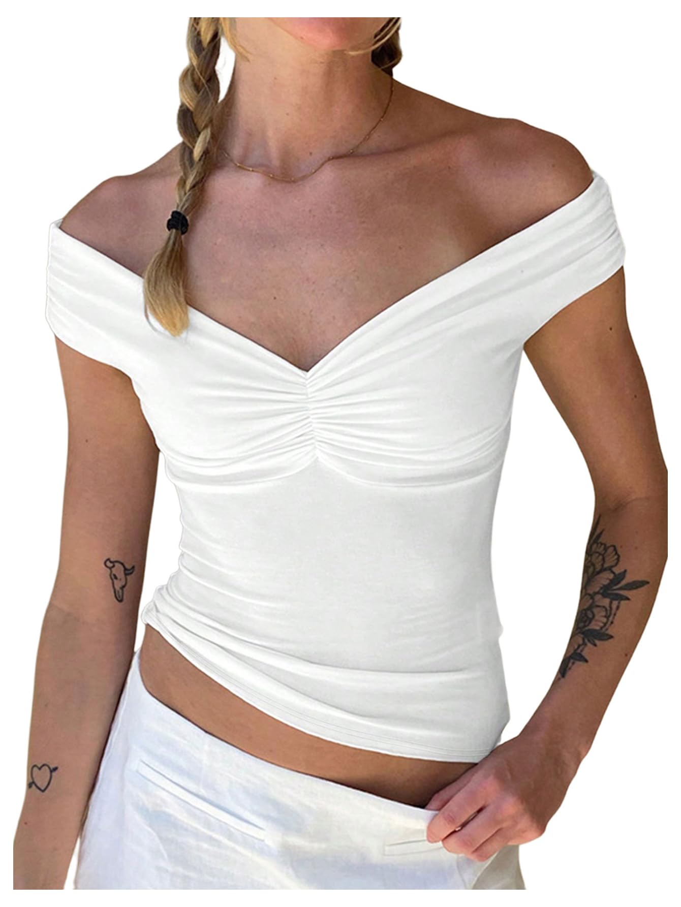 MakeMeChic Women's Off The Shoulder Ruched Short Sleeve Summer Tee Shirt Crop Tops