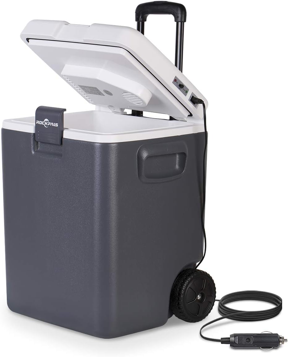 ROCKPALS Car Fridge Electric Cooler and Warmer for Car, 32Quart Mini Fridge for Car and Home with Wheel&Pull Out Handle,12V DC 40Cans Portable Car Coolers for Road Trip, Camping,Truck Driver,Office,RV