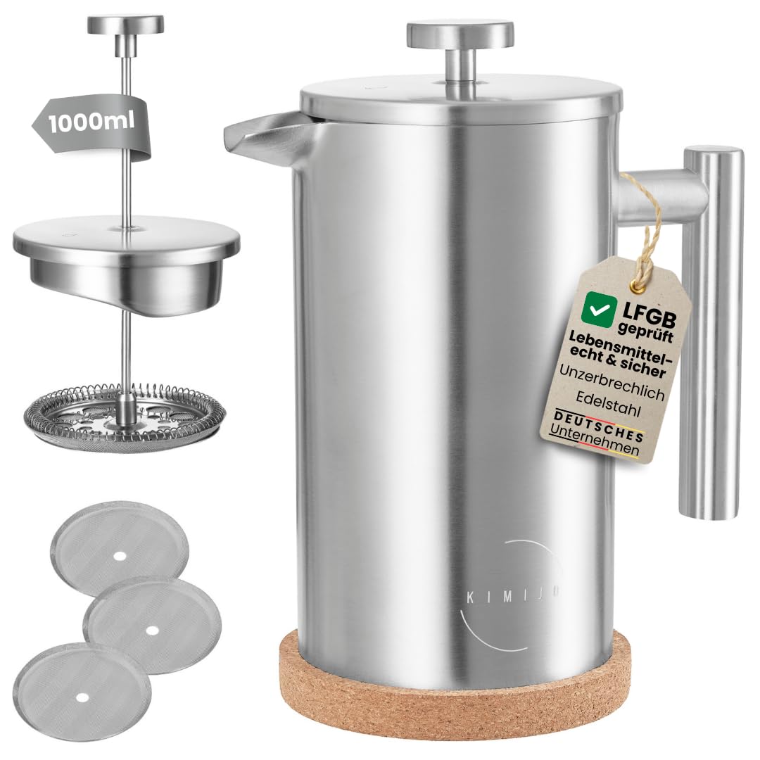 KIMIJO French Press Edelstahl 1000ml I Thermo Kaffeebereiter isoliert I Doppelwandig incl. 3 Ersatzfilter & Korkuntersetzer I Spülmaschinenfest I Stempelkanne matt gebürstet
