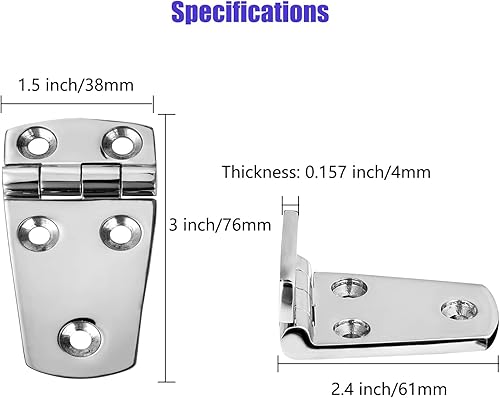 Miniatura 2 de Bisagras de escotilla de barco marino de acero inoxidable, 3 pulgadas x 1.5 pulgadas (2.992 x 1.496 in), 5 agujeros, sin ruido, acero inoxidable 316