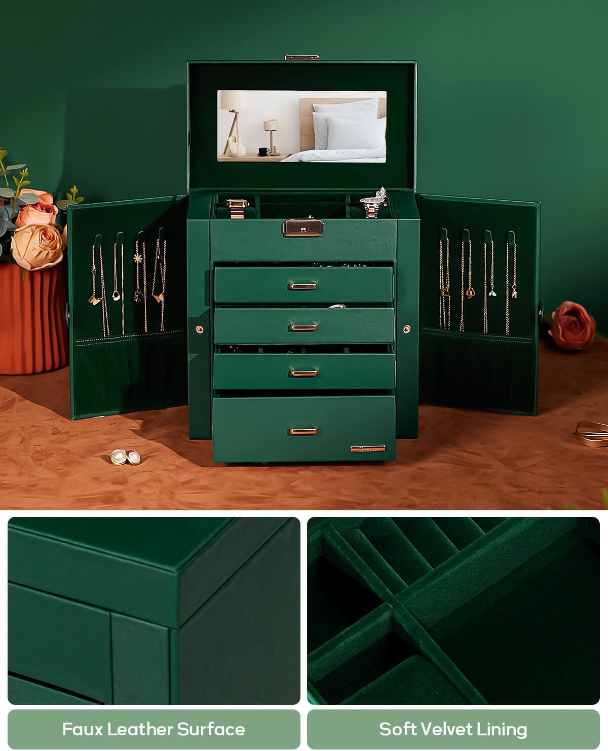 Homde Synthetic Leather Huge Jewelry Box Mirrored Watch Organizer Necklace Ring Earring Storage Lockable Gift Case (Forest Green + Gold) - Image 6