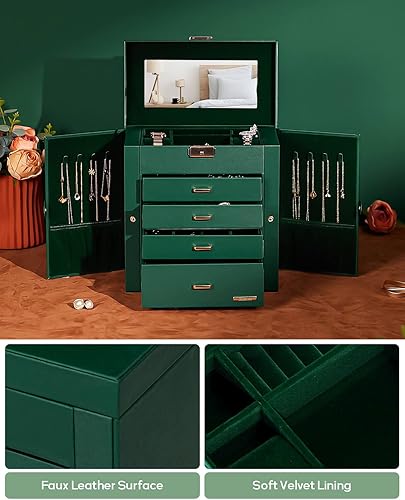 Miniatura 33 de Homde Regalos de Navidad de cuero sintético, enorme joyero, organizador de reloj con espejo, collar, anillo y aretes, estuche de regalo con Dorado