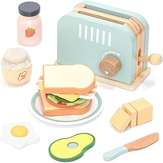 UMU® Wooden Toaster & Sandwich Kitchen Toy - Includes Pop-up Toaster, Butter Cut, Children's Kitchen Accessories and Much More, Wooden Toy for Children from 3 4 5 6 Years