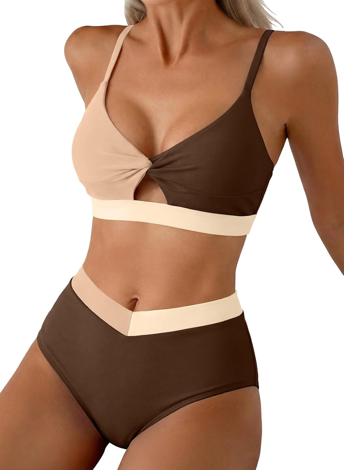Herseas Women's Bikini Sets Twist Color Block Swimsuits 2 Piece High Waisted Bathing Suit Swim Suits 2026 Beach Wear