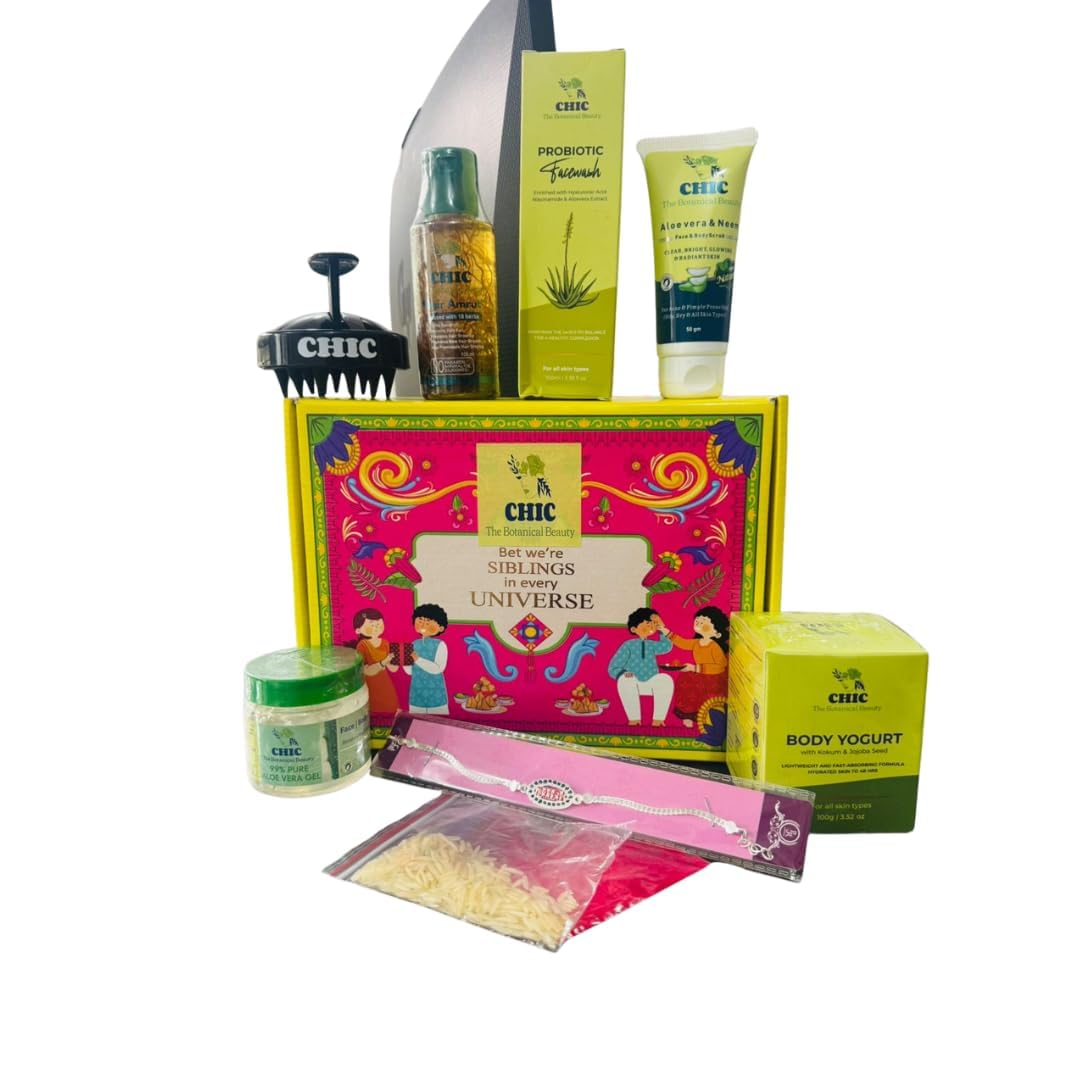 Beauty Rakhi Gift Combo for Bhai Behan – 8 in 1 Premium Gift Box with Roli Chawal, Body Yogurt, Face Wash, Hair Massager, Neem Aloe Scrub, Aloe Vera Gel & Amrut Hair Oil-image-7
