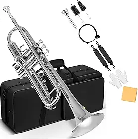 VEDO Conjunto Trompete Standard Bb Student - Trompete de metal Latão para estudantes com bocal rígido 7C e luvas, Estojo Rígido, adequado para iniciantes ou estudantes avançados, orquestras, prata