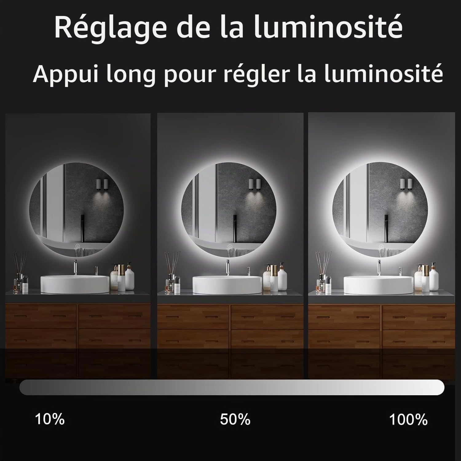 Miroir Salle de Bain LED Rond 50cm, 3 Couleurs Lumière Dimmable, Interrupteur Tactile