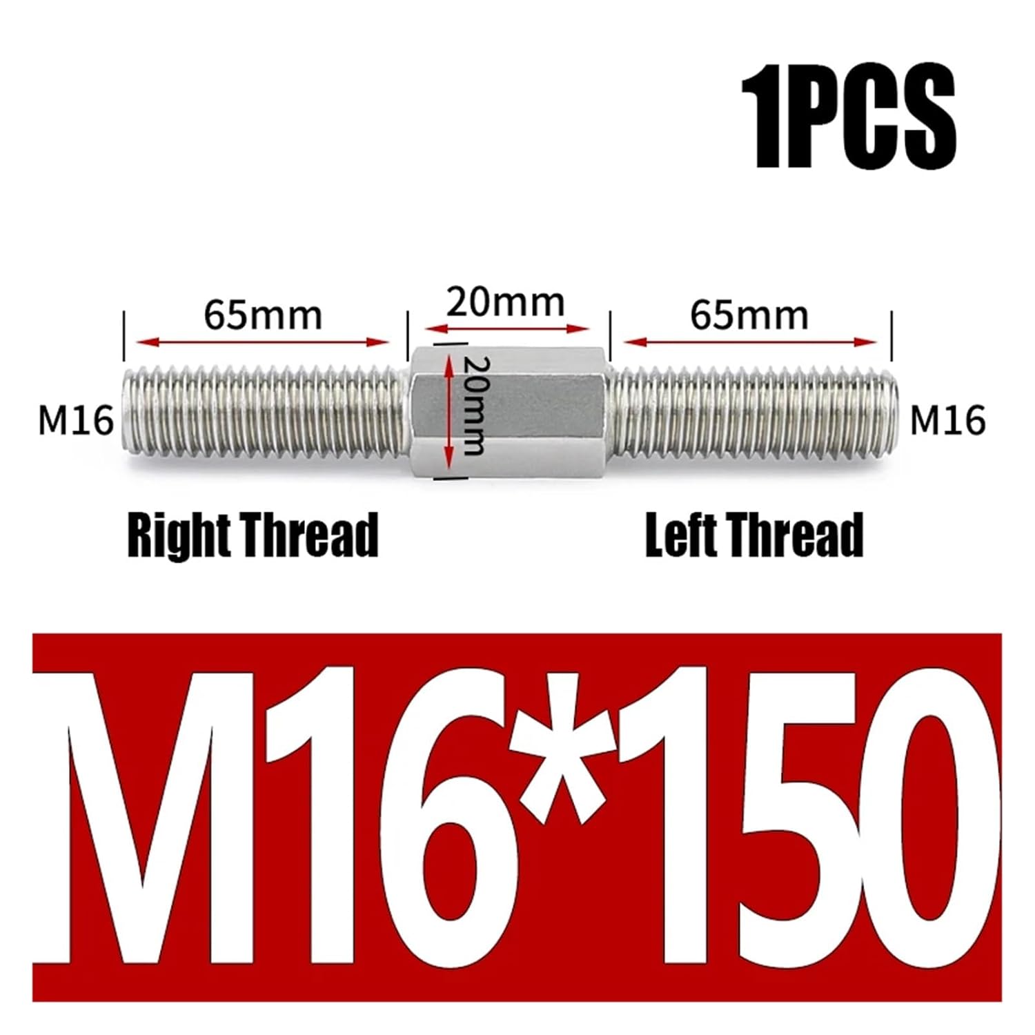 M16 Double-Ended Threaded Rod - 304 SS Dual Head Threaded Bar Stick (60mm-150mm) - Left and Right Thread Stud Bolts(M16x150mm 1pcs)