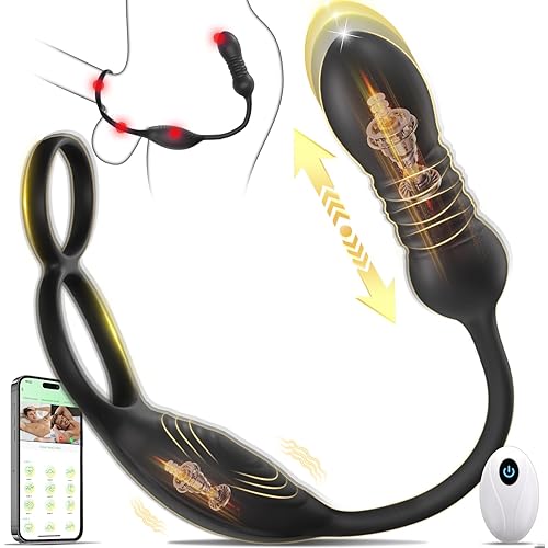 Thrusting Prostate Massager Anal Sex Toy with Vibrating Cock Ring Taint Testicle Stimulator, Remote Control APP Anal Butt Plug Dildo, Penis Ring Vibrator for Men, HNNPY Couples Male Adult Sex Toys