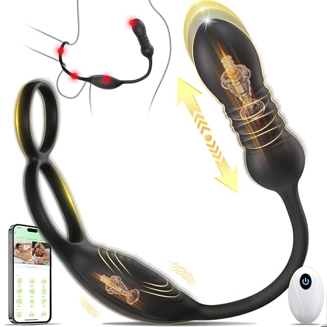 Thrusting Prostate Massager Anal Sex Toy with Vibrating Cock Ring Taint Testicle Stimulator Remote Control APP Anal Butt