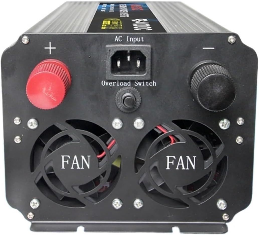 Rear panel of the SaNzia 6000W Inverter showing battery terminals, AC input, and cooling fans.